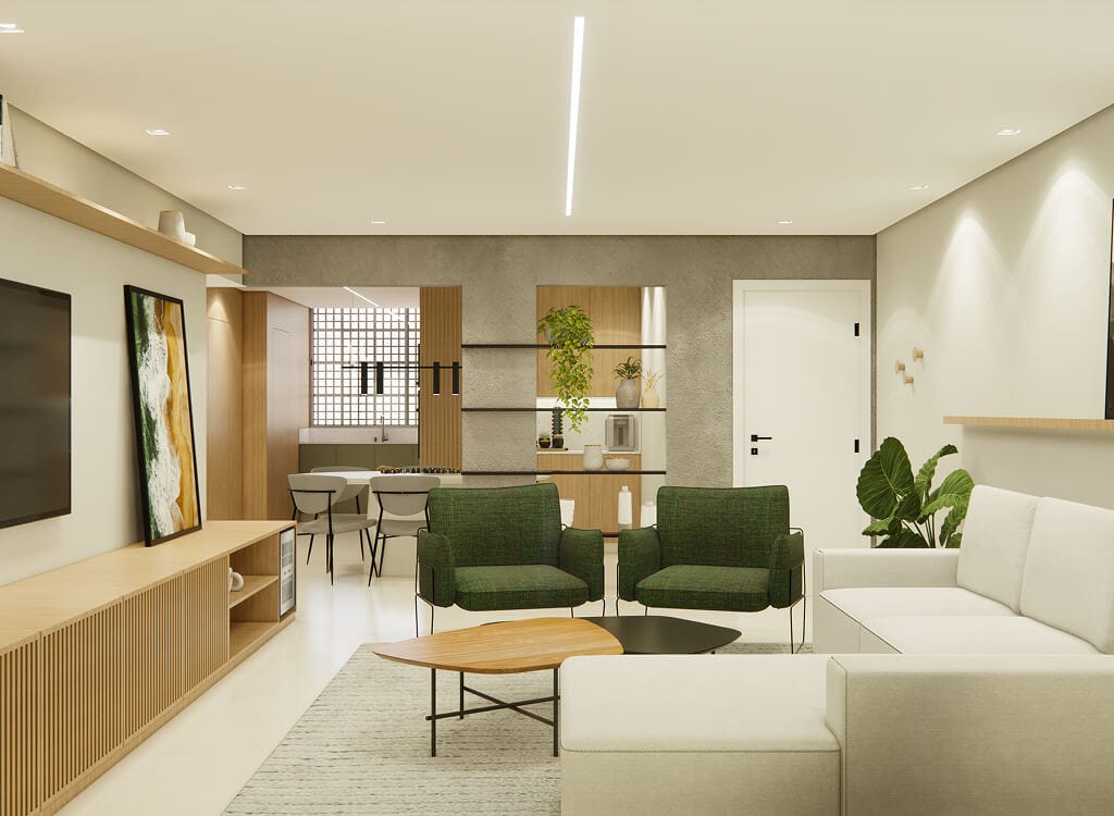 Uma sala de estar moderna com poltronas verdes, um sofá secional bege, uma mesa de centro de madeira e uma TV sobre um console também de madeira. O espaço apresenta decoração minimalista, plantas de interior e uma área de jantar aberta ao fundo.