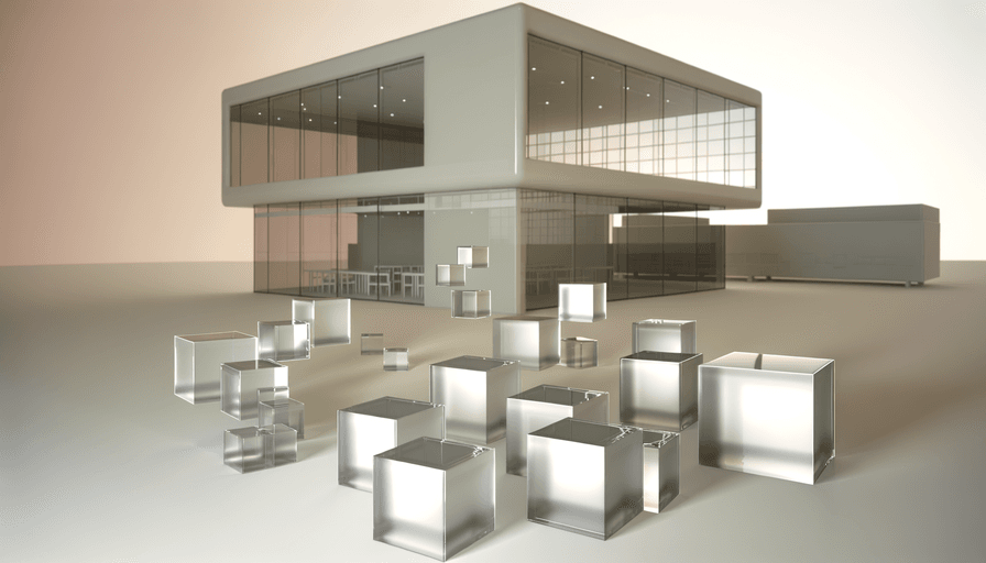 Um prédio moderno com paredes de vidro e grandes janelas está ao fundo. Cubos de vidro geométricos e transparentes de vários tamanhos estão espalhados no chão liso em primeiro plano. A cena é minimalista e bem iluminada.