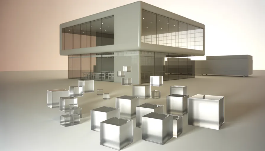 Um prédio moderno com paredes de vidro e grandes janelas está ao fundo. Cubos de vidro geométricos e transparentes de vários tamanhos estão espalhados no chão liso em primeiro plano. A cena é minimalista e bem iluminada.