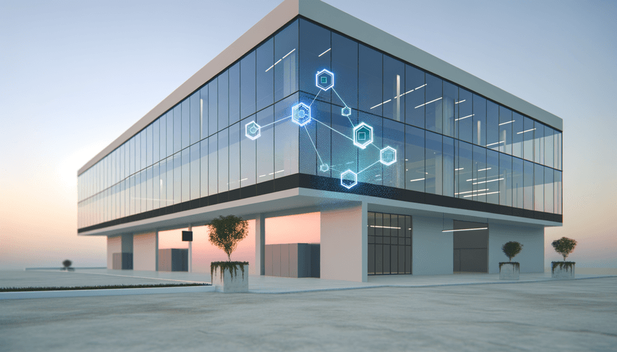 Um moderno prédio de escritórios de vidro com gráficos de rede digital hexagonais iluminados exibidos em sua fachada, em um céu claro ao pôr do sol. Pequenas árvores em vasos de plantas decoram a área de entrada.