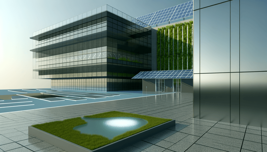 Um moderno edifício de vidro com painéis solares e uma parede verde vertical fica ao lado de um pátio com uma pequena área gramada e um lago, refletindo o foco na arquitetura sustentável.