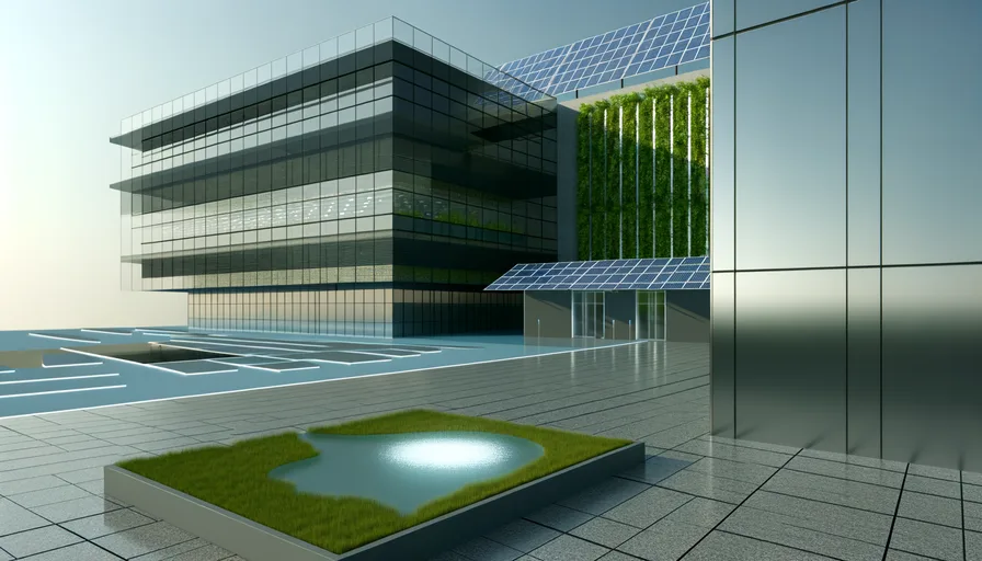 Um moderno edifício de vidro com painéis solares e uma parede verde vertical fica ao lado de um pátio com uma pequena área gramada e um lago, refletindo o foco na arquitetura sustentável.