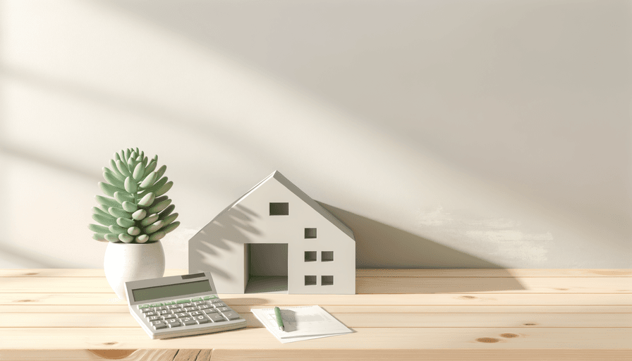 Um pequeno modelo de casa, uma calculadora, uma caneta e um bloco de notas estão em uma mesa de madeira ao lado de um vaso de suculentas, com a luz do sol projetando sombras em uma parede de cor clara ao fundo.