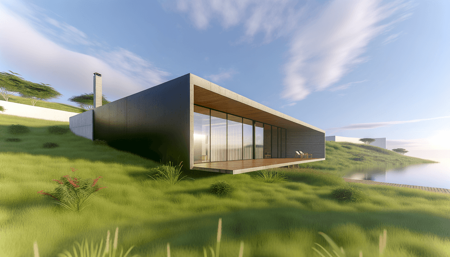 Uma casa moderna e minimalista com grandes janelas de vidro fica em uma encosta gramada com vista para um corpo d'água, com outra estrutura semelhante à distância sob um céu azul com nuvens dispersas.
