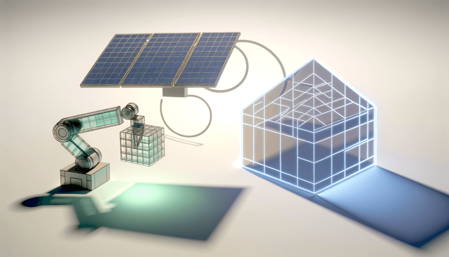Um braço robótico instala um painel solar em uma casa transparente em formato de arame. Nas proximidades, há painéis solares conectados à casa, simbolizando a automação residencial inteligente e a integração de energia renovável.