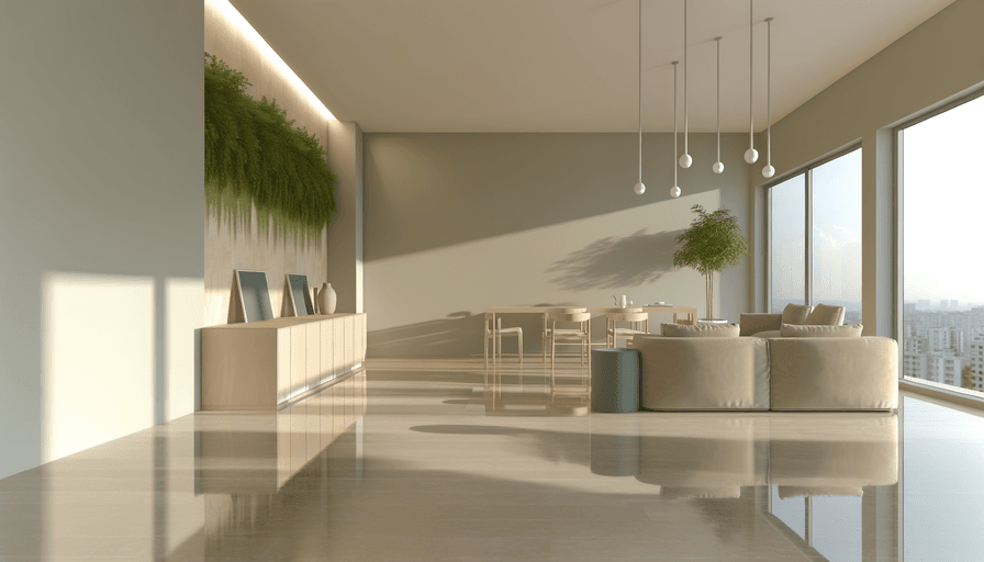 Sala de estar e jantar minimalista com grandes janelas do chão ao teto, sofás bege, uma mesa de jantar de madeira, luzes pendentes, plantas de interior e vegetação na parede, com vista para a cidade do lado de fora.