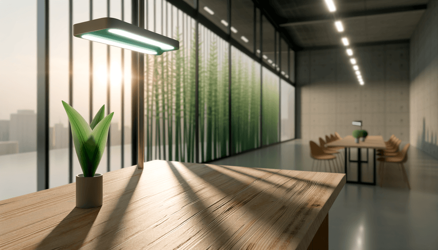 Um escritório moderno com grandes janelas, mesas de madeira, um vaso de plantas sob uma luminária de mesa e várias cadeiras. A luz do sol entra, projetando sombras e iluminando painéis decorativos verdes.