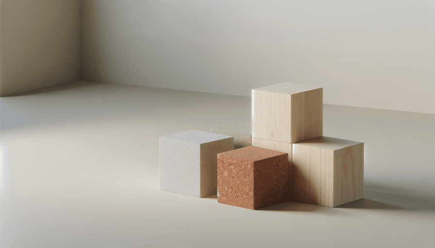 Cinco cubos feitos de diferentes materiais - madeira, concreto, cortiça e outro material de cor clara - estão dispostos em uma superfície lisa em um ambiente minimalista e suavemente iluminado.