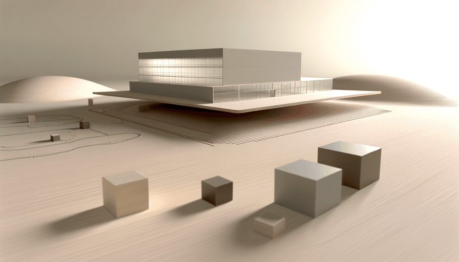 Um modelo arquitetônico moderno que apresenta um edifício quadrado com grandes janelas, elevado em uma plataforma plana, cercado por formas cúbicas minimalistas e formas suaves, semelhantes a montes, em uma base de cor neutra.