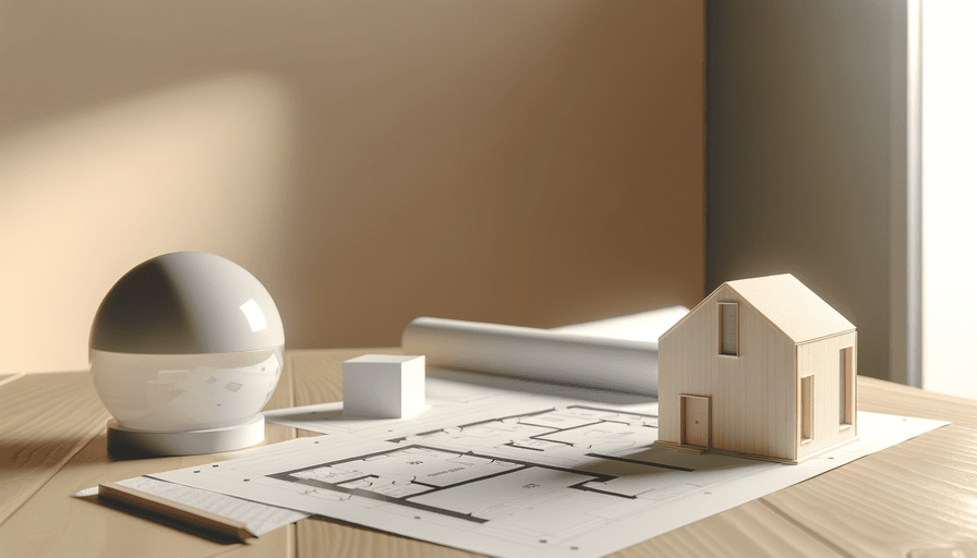 Um modelo de casa em miniatura, plantas arquitetônicas, um lápis, um pequeno cubo e um objeto esférico estão dispostos em uma mesa de madeira, banhados pela luz solar quente de uma janela próxima.