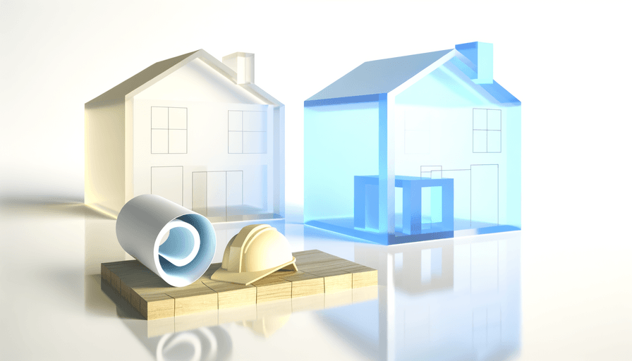 Duas maquetes de casas, uma opaca e outra azul transparente, ficam atrás de uma placa de madeira com plantas e um capacete de construção amarelo, simbolizando o planejamento arquitetônico e a construção.