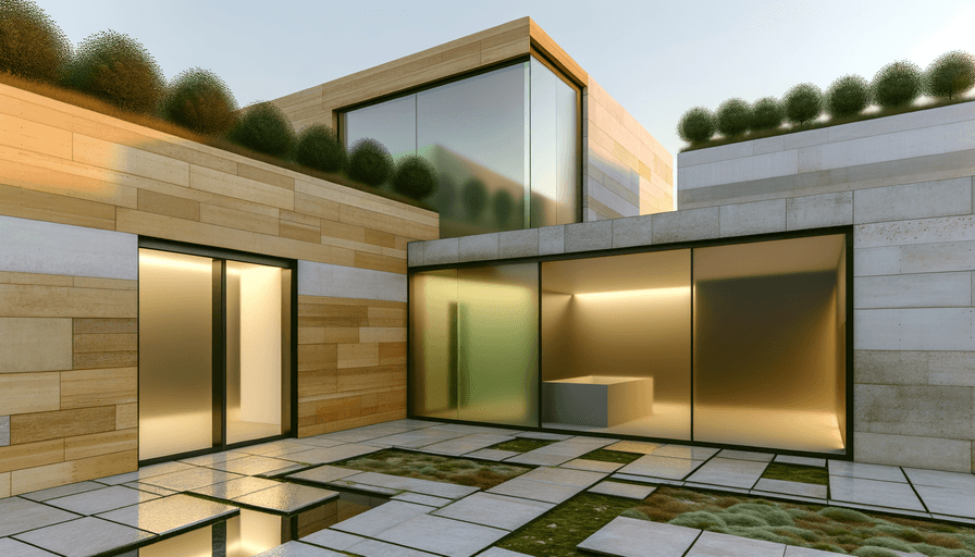 Um pátio moderno com grandes janelas de vidro, paredes com painéis de madeira e pedra, vegetação no telhado e um pátio com azulejos geométricos intercalados com pedaços de grama.