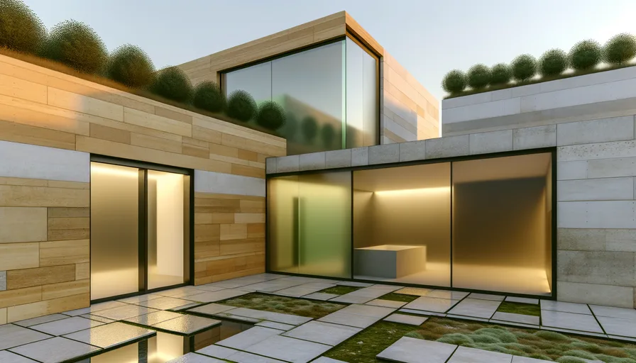 Um pátio moderno com grandes janelas de vidro, paredes com painéis de madeira e pedra, vegetação no telhado e um pátio com azulejos geométricos intercalados com pedaços de grama.