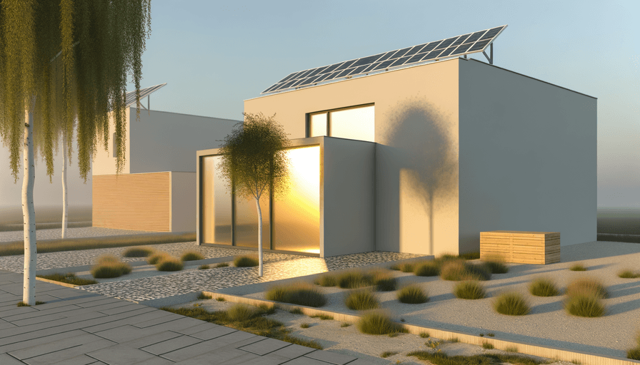 Casa moderna e minimalista com janelas grandes, painéis solares no telhado e um quintal ajardinado com cascalho, pequenos arbustos e árvores, iluminado pela luz quente do sol.