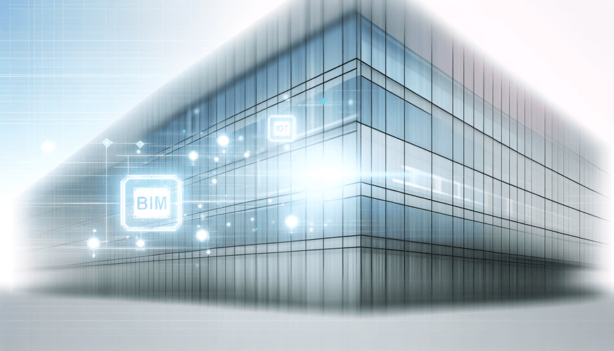 Uma renderização digital de um edifício moderno de vidro com ícones brilhantes e linhas que representam tecnologia; um ícone é rotulado como "BIM", sugerindo a integração digital na construção ou arquitetura.